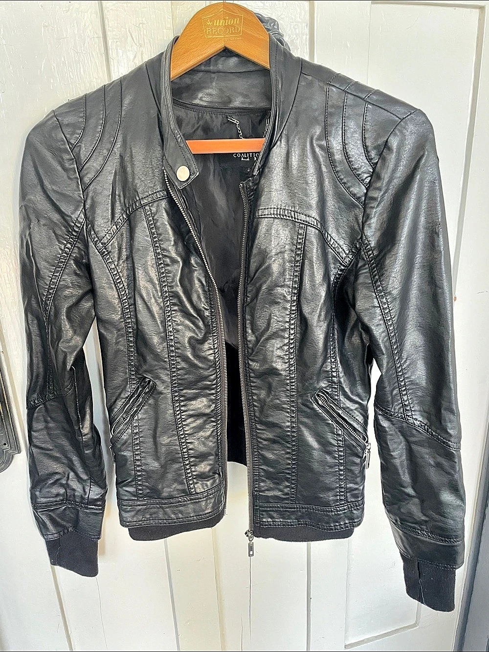 Coalition LA women Small Hooded Moto Jacket Black Small Like New